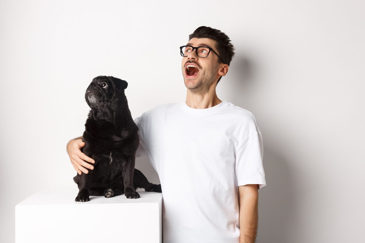 Foto gratuita joven sorprendido con gafas abrazando a su perro, dueño de la mascota y pug mirando la oferta